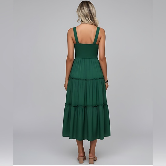 Boho Shirred Ruffle Hem Dress Emerald Green - Picture 9 of 9